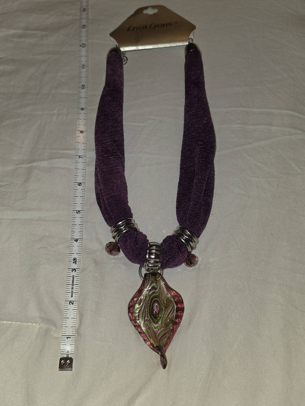 Erica Lyons Purple Fabric Cord Art Glass Pendant Statement Necklace NWT 461573